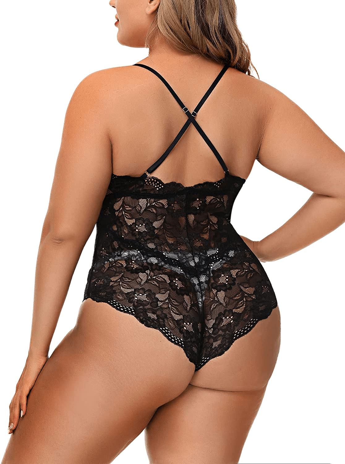 Aranmei Women Sexy Plus Size Hollow Out Floral Lace Bodysuit Deep V Snap Crotch Teddy Lingerie Apparel & Accessories > Clothing > Underwear & Socks > Lingerie Aranmei