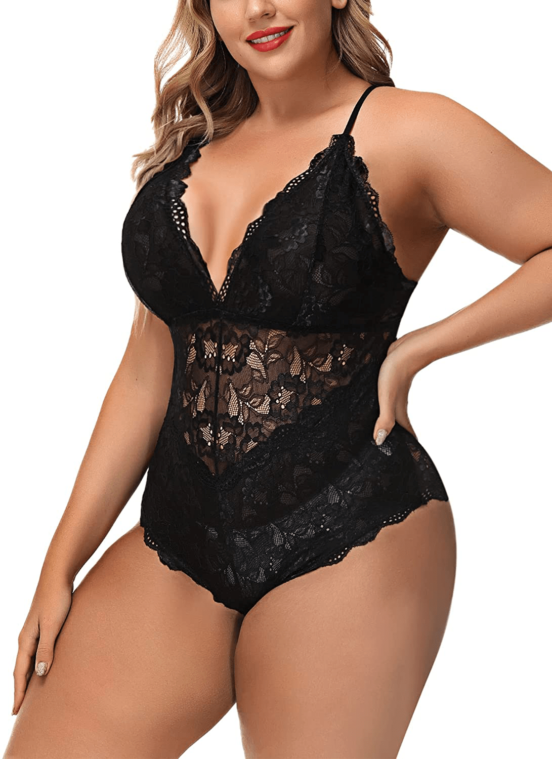 Aranmei Women Sexy Plus Size Hollow Out Floral Lace Bodysuit Deep V Snap Crotch Teddy Lingerie Apparel & Accessories > Clothing > Underwear & Socks > Lingerie Aranmei