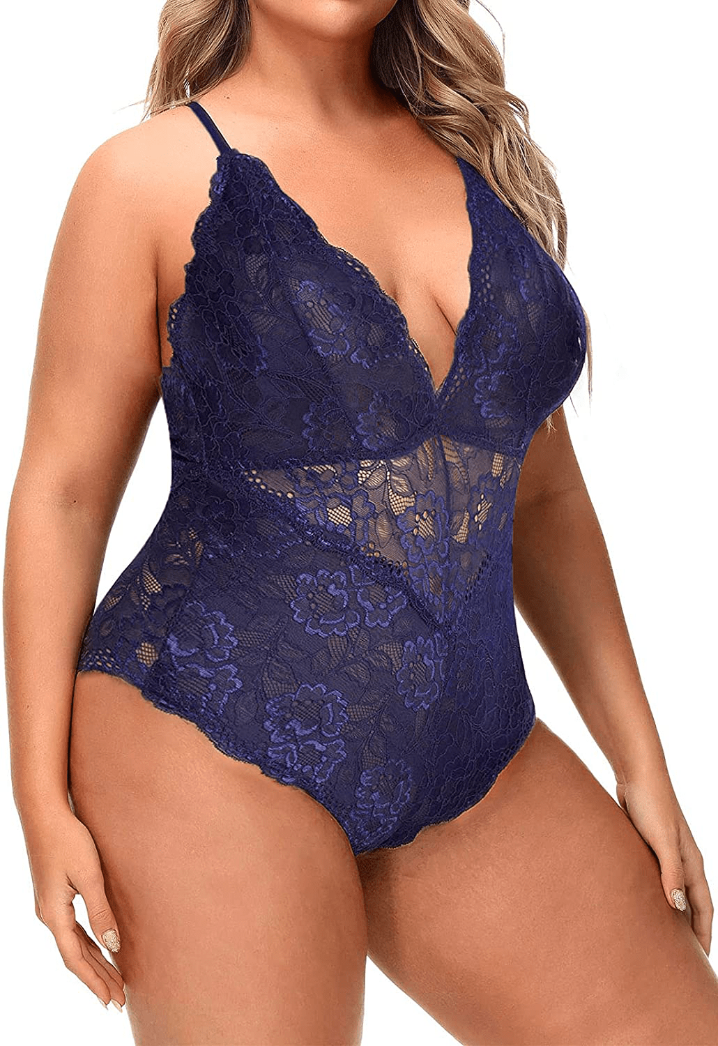 Aranmei Women Sexy Plus Size Hollow Out Floral Lace Bodysuit Deep V Snap Crotch Teddy Lingerie Apparel & Accessories > Clothing > Underwear & Socks > Lingerie Aranmei Navy XX-Large