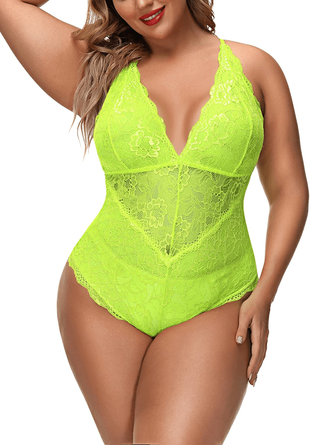 Aranmei Women Sexy Plus Size Hollow Out Floral Lace Bodysuit Deep V Snap Crotch Teddy Lingerie Apparel & Accessories > Clothing > Underwear & Socks > Lingerie Aranmei Fluorescent Green 3X-Large