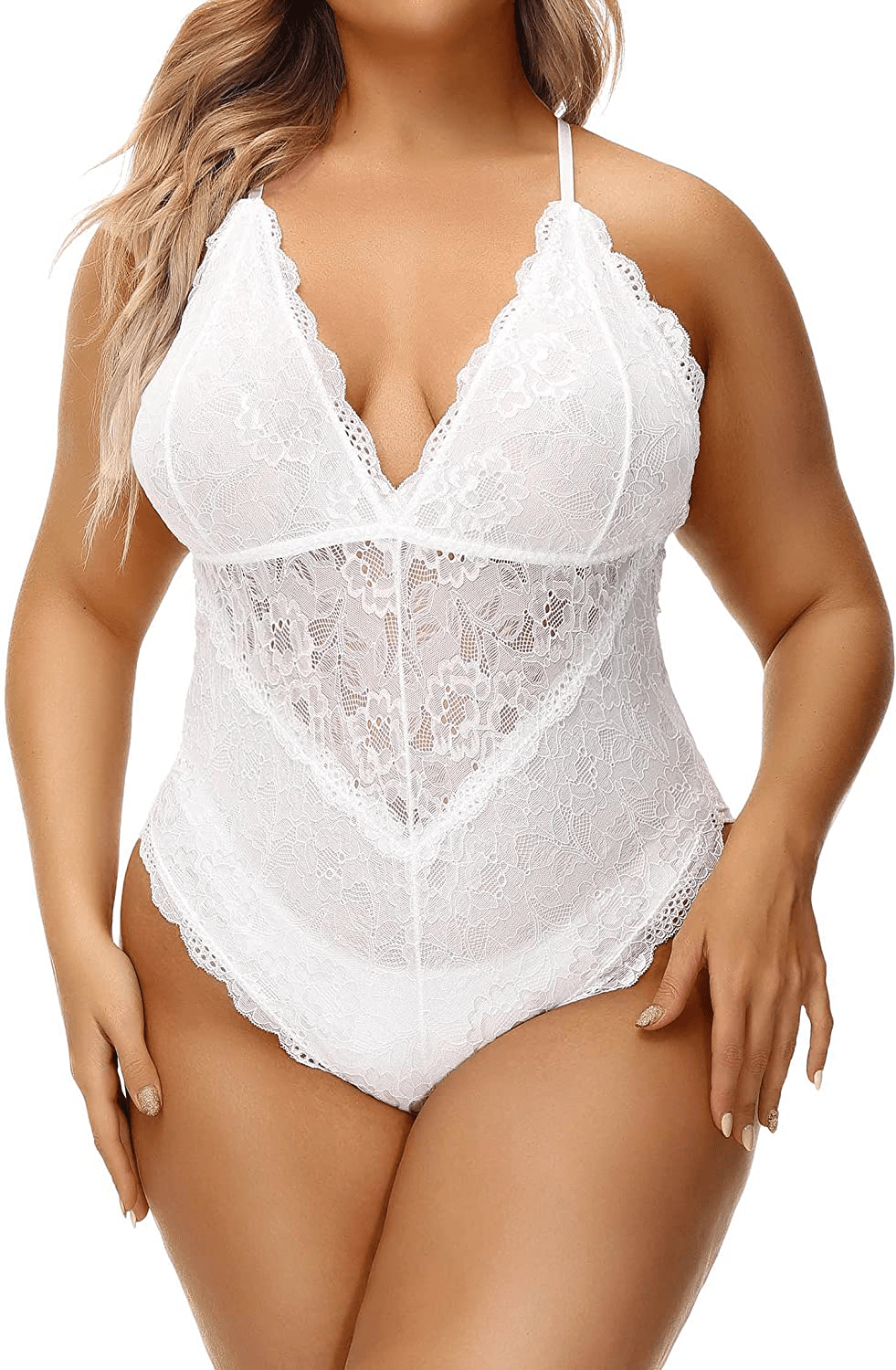 Aranmei Women Sexy Plus Size Hollow Out Floral Lace Bodysuit Deep V Snap Crotch Teddy Lingerie Apparel & Accessories > Clothing > Underwear & Socks > Lingerie Aranmei White 4X-Large