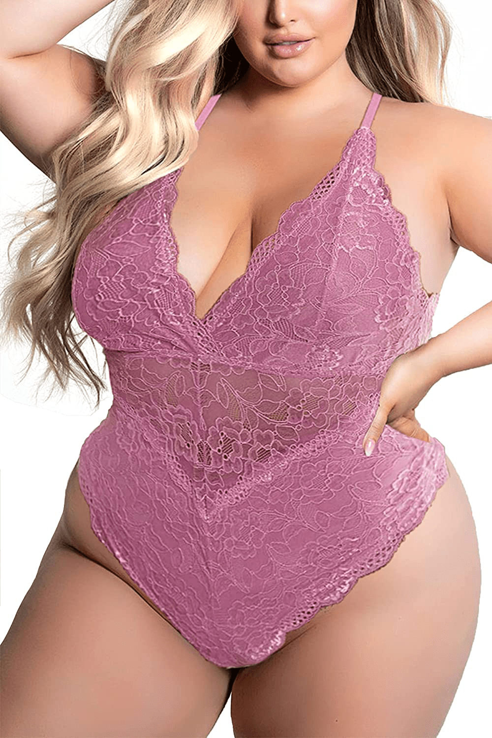 Aranmei Women Sexy Plus Size Hollow Out Floral Lace Bodysuit Deep V Snap Crotch Teddy Lingerie Apparel & Accessories > Clothing > Underwear & Socks > Lingerie Aranmei Blush XX-Large