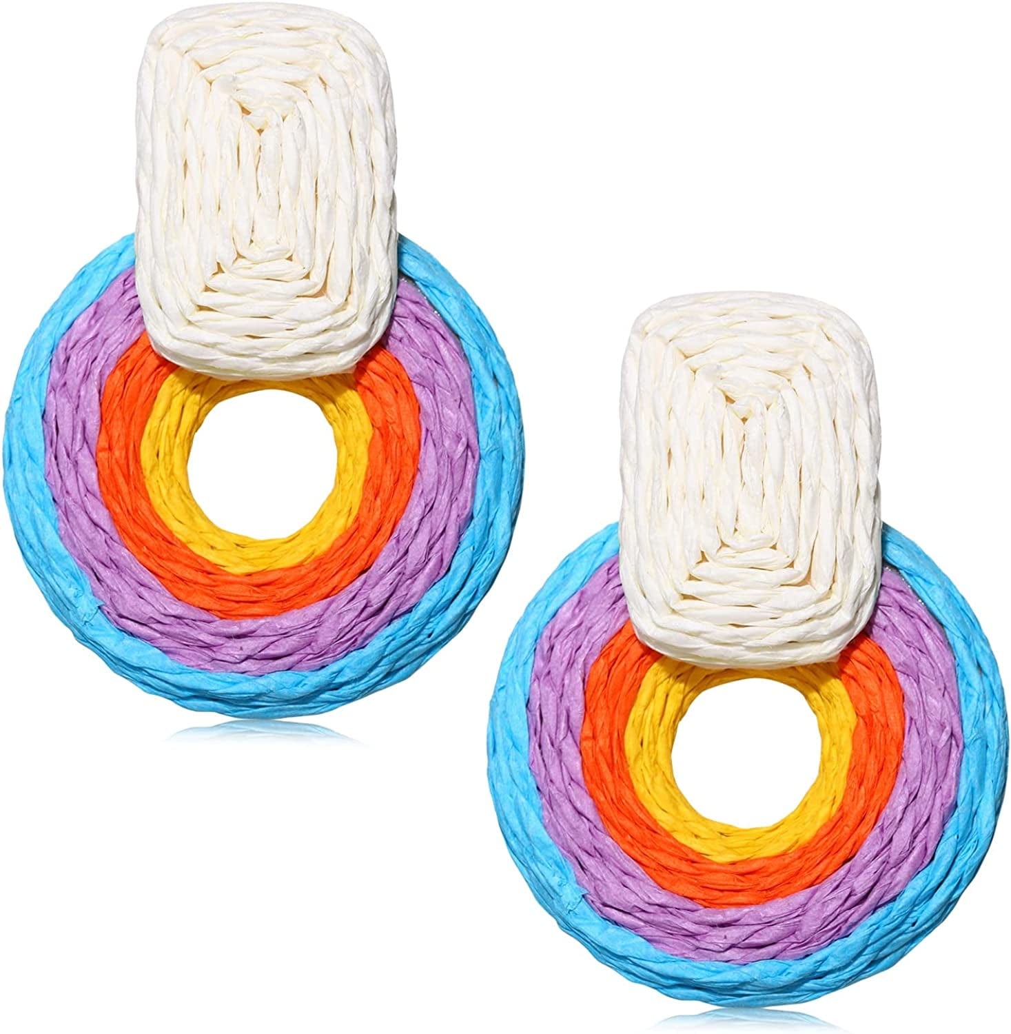 ARATLENCH Rattan Woven Dangling Earrings Handmade Straw Dangle Drop Earrings Boho Summer Beach Statement Circle Ball Hoop Earrings for Women round C