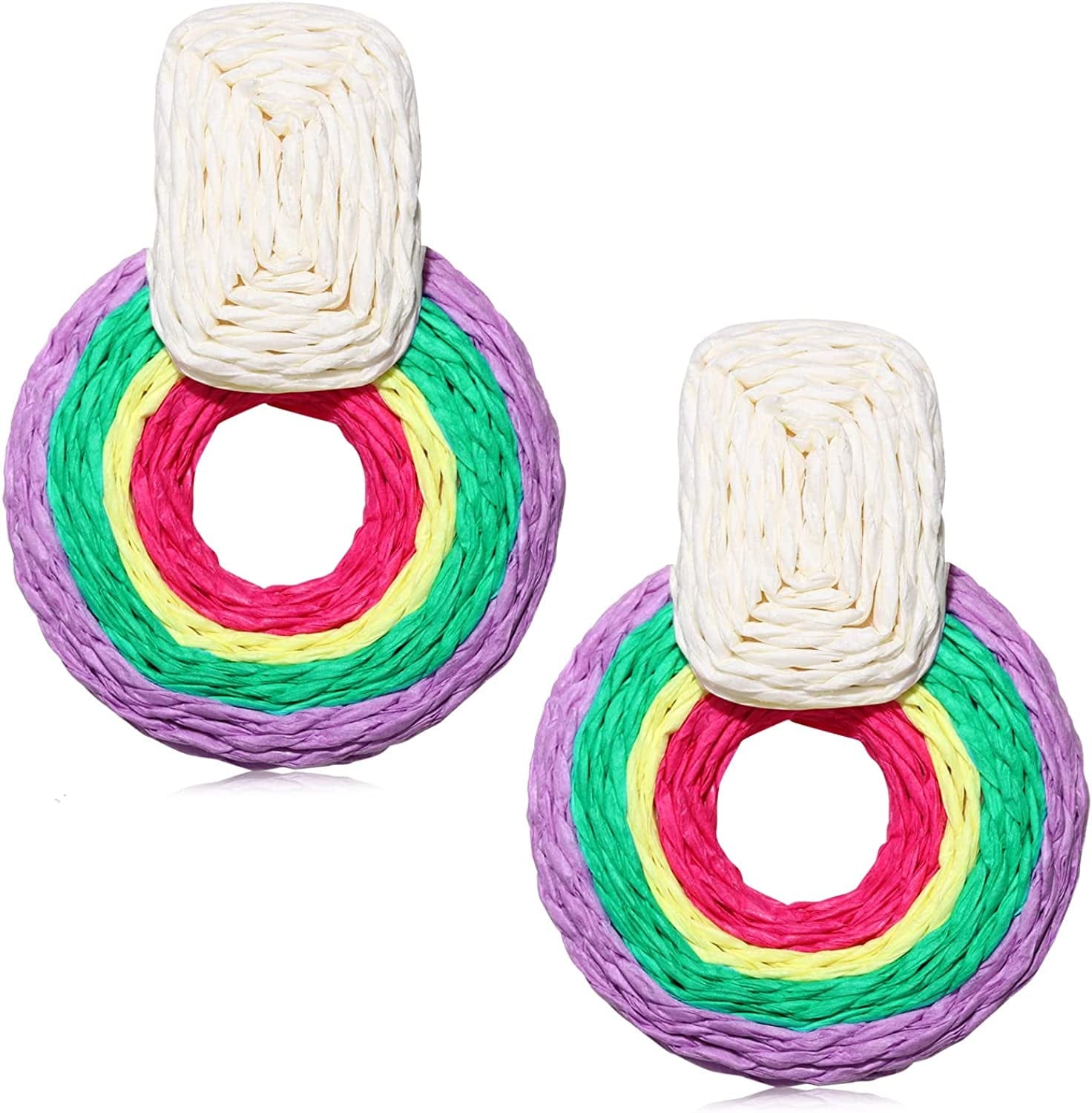 ARATLENCH Rattan Woven Dangling Earrings Handmade Straw Dangle Drop Earrings Boho Summer Beach Statement Circle Ball Hoop Earrings for Women round D