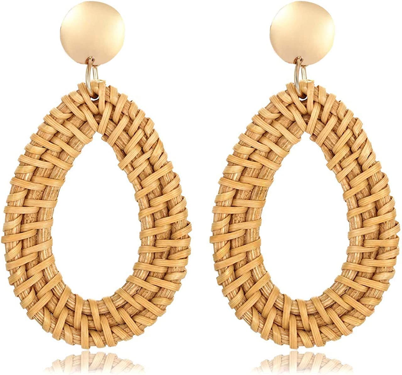 ARATLENCH Rattan Woven Dangling Earrings Handmade Straw Dangle Drop Earrings Boho Summer Beach Statement Circle Ball Hoop Earrings for Women Metal Teardrop
