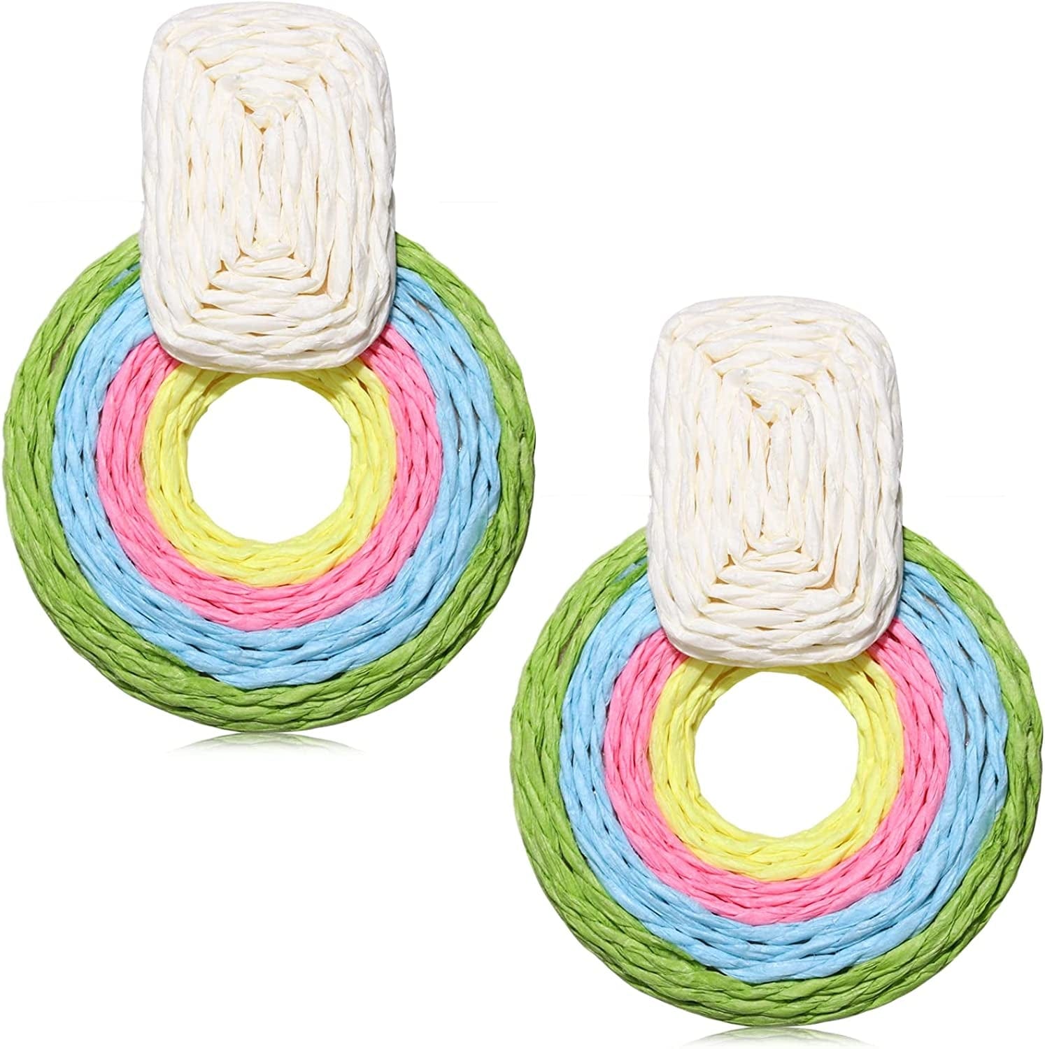 ARATLENCH Rattan Woven Dangling Earrings Handmade Straw Dangle Drop Earrings Boho Summer Beach Statement Circle Ball Hoop Earrings for Women round E