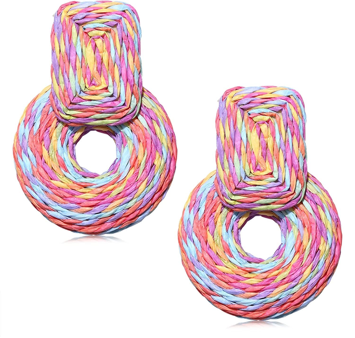 ARATLENCH Rattan Woven Dangling Earrings Handmade Straw Dangle Drop Earrings Boho Summer Beach Statement Circle Ball Hoop Earrings for Women round A