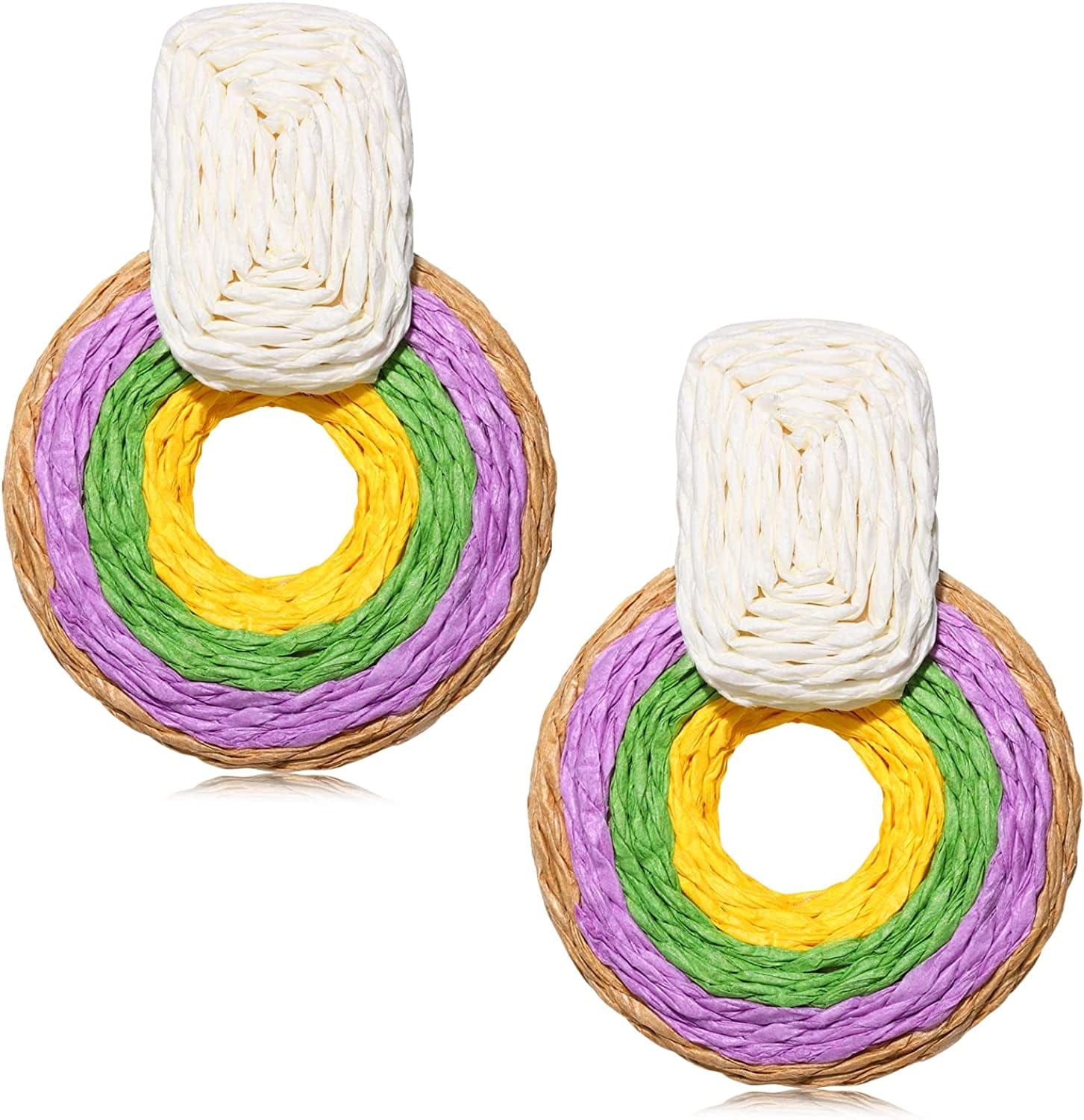 ARATLENCH Rattan Woven Dangling Earrings Handmade Straw Dangle Drop Earrings Boho Summer Beach Statement Circle Ball Hoop Earrings for Women round B