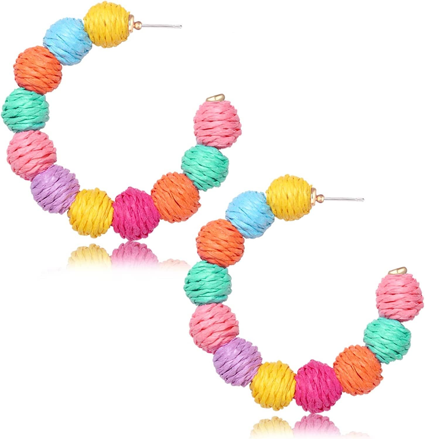 ARATLENCH Rattan Woven Dangling Earrings Handmade Straw Dangle Drop Earrings Boho Summer Beach Statement Circle Ball Hoop Earrings for Women Colorful rattan ball hoop earrings