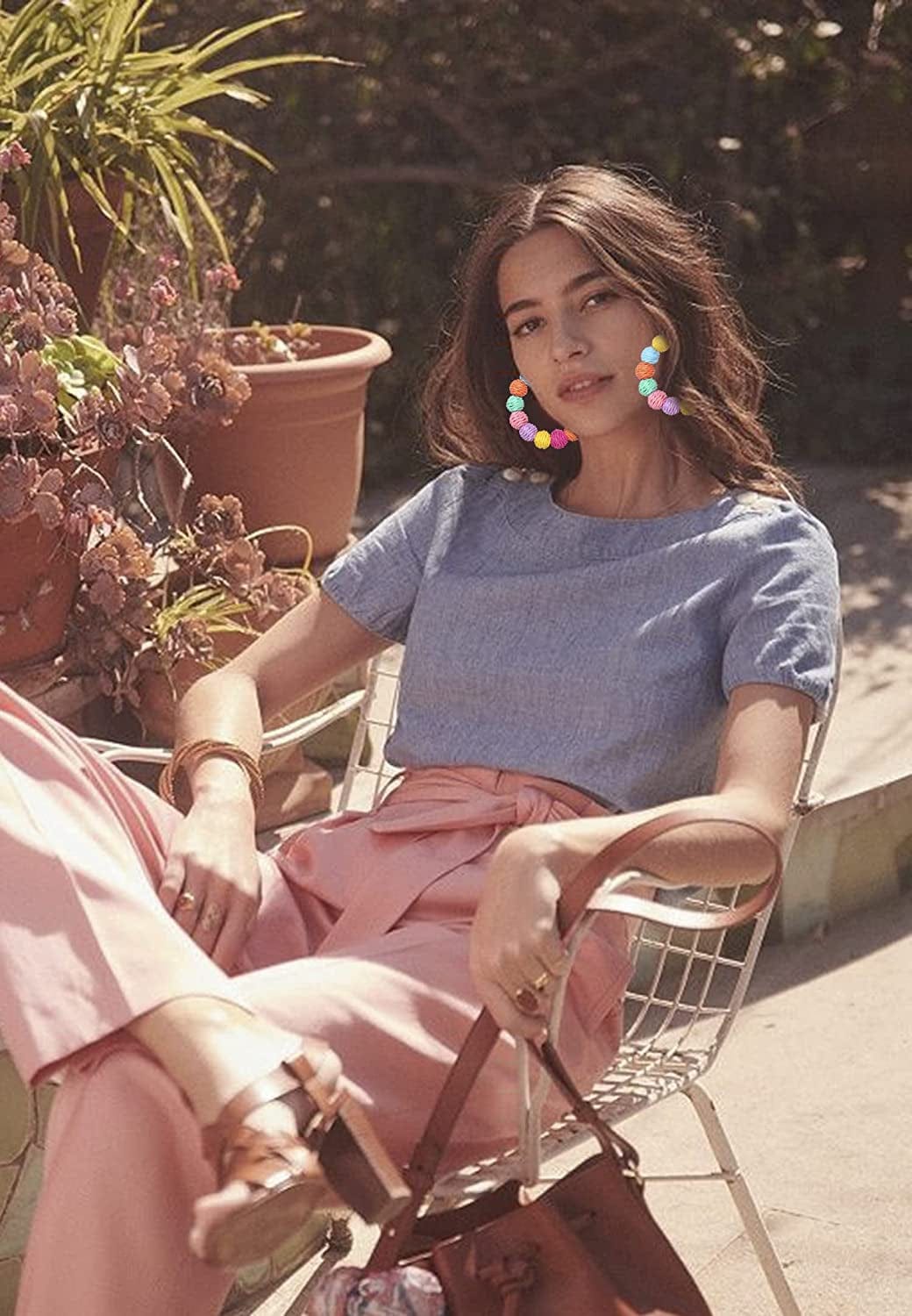 ARATLENCH Rattan Woven Dangling Earrings Handmade Straw Dangle Drop Earrings Boho Summer Beach Statement Circle Ball Hoop Earrings for Women