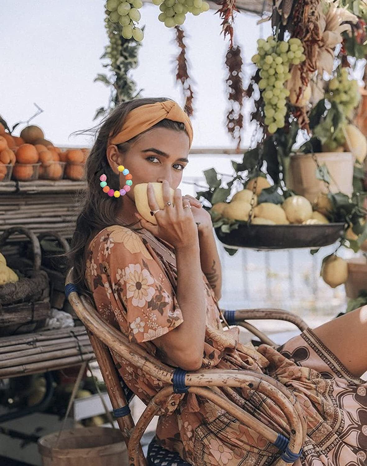 ARATLENCH Rattan Woven Dangling Earrings Handmade Straw Dangle Drop Earrings Boho Summer Beach Statement Circle Ball Hoop Earrings for Women