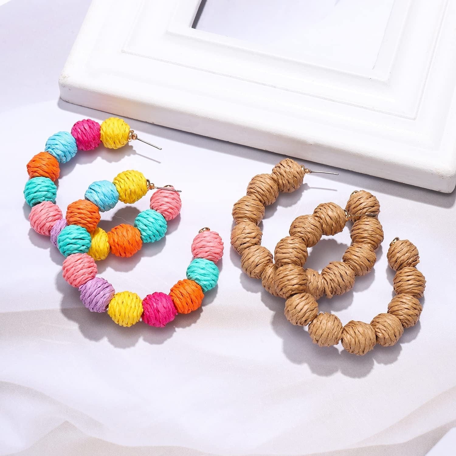 ARATLENCH Rattan Woven Dangling Earrings Handmade Straw Dangle Drop Earrings Boho Summer Beach Statement Circle Ball Hoop Earrings for Women