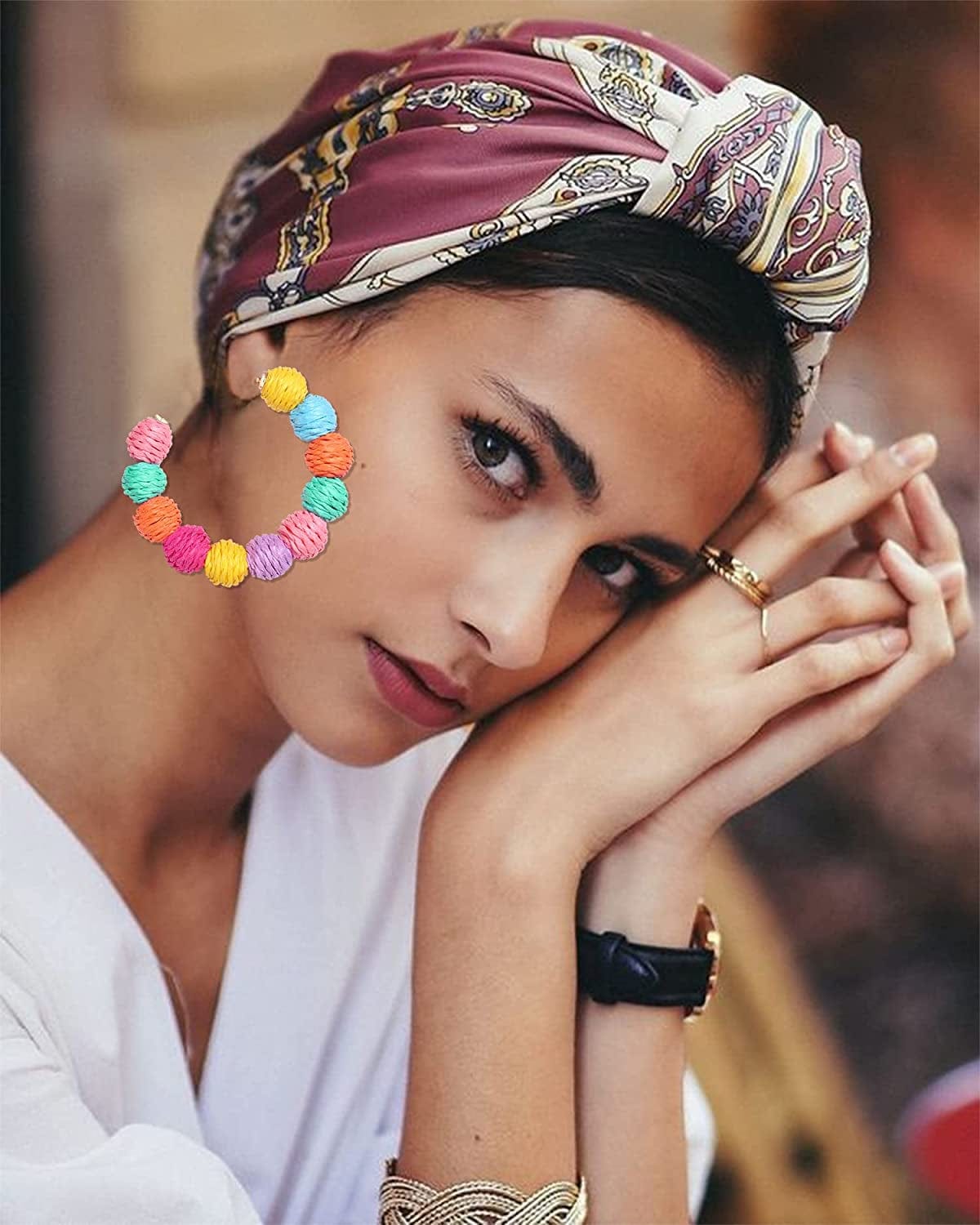 ARATLENCH Rattan Woven Dangling Earrings Handmade Straw Dangle Drop Earrings Boho Summer Beach Statement Circle Ball Hoop Earrings for Women