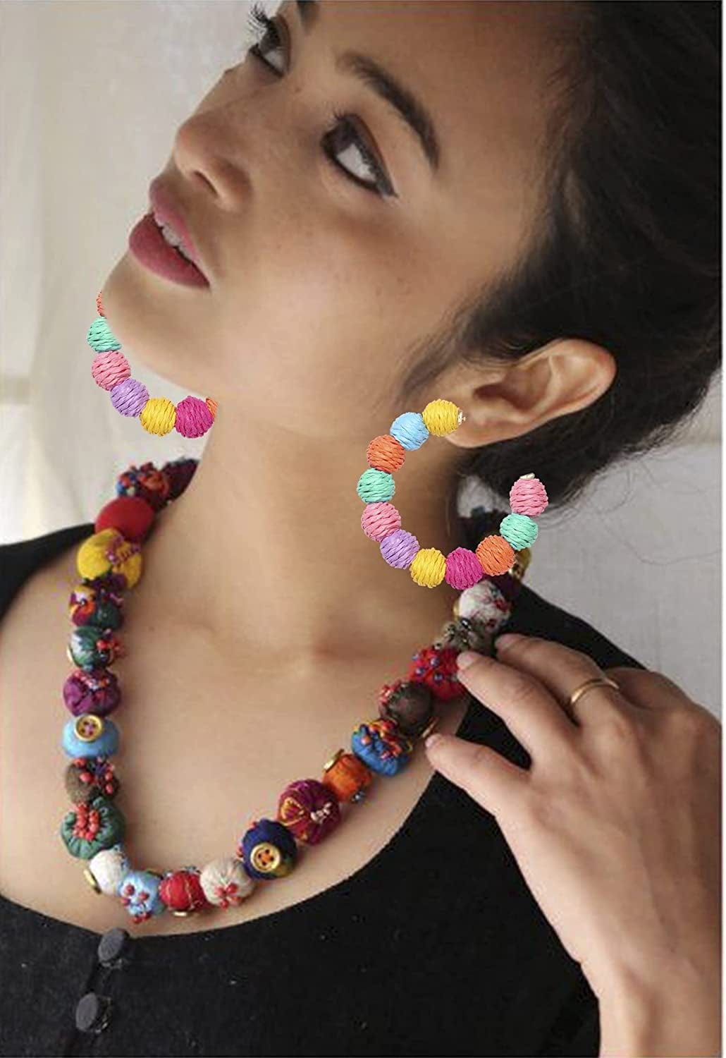 ARATLENCH Rattan Woven Dangling Earrings Handmade Straw Dangle Drop Earrings Boho Summer Beach Statement Circle Ball Hoop Earrings for Women