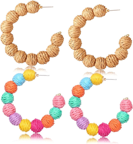ARATLENCH Rattan Woven Dangling Earrings Handmade Straw Dangle Drop Earrings Boho Summer Beach Statement Circle Ball Hoop Earrings for Women colorful brown rattan hoop earrings