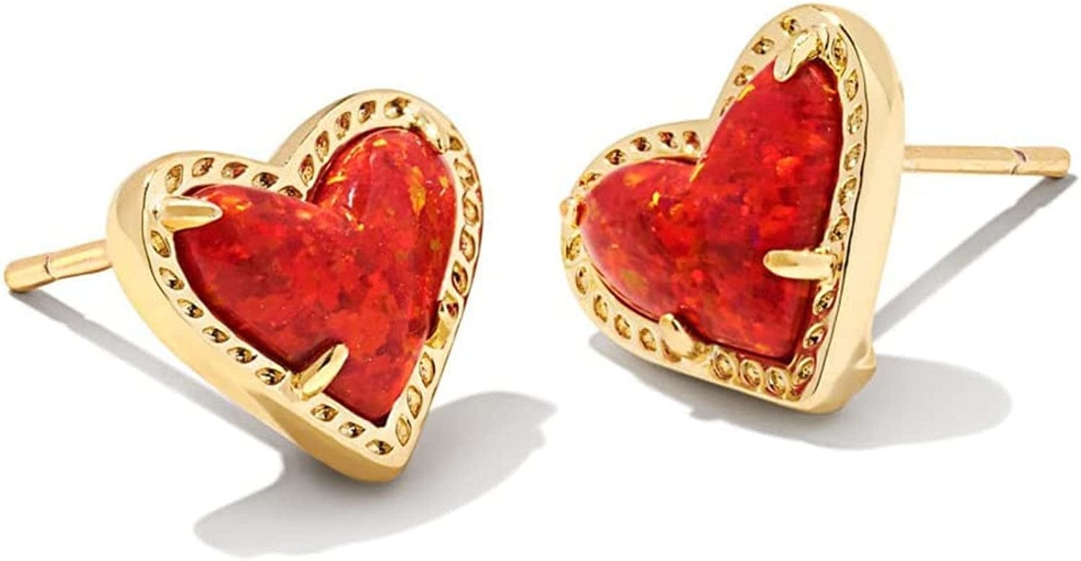 Ari Heart Stud Earrings for Women, Fashion Jewelry Gold Red Kyocera Opal