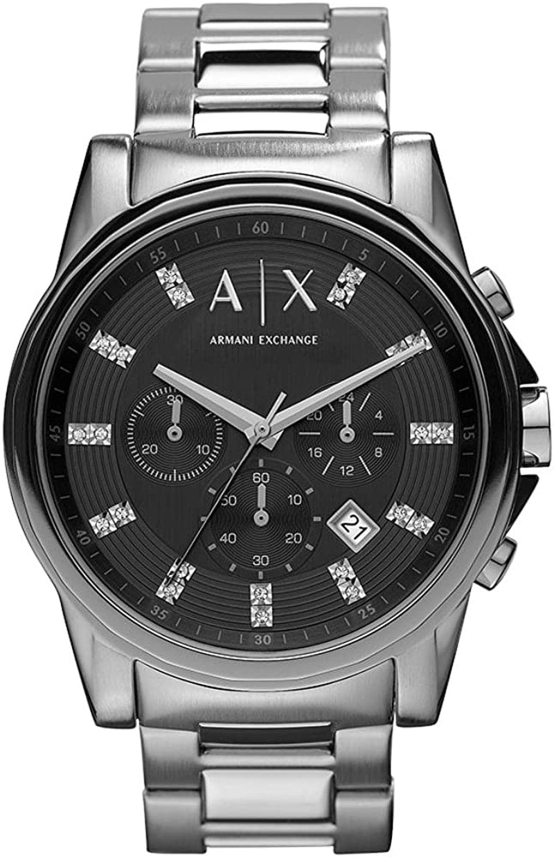 Armani Exchange Men'S Chronograph Dress Watch with Leather, Steel or Silicone Band Silver/Black Stones
