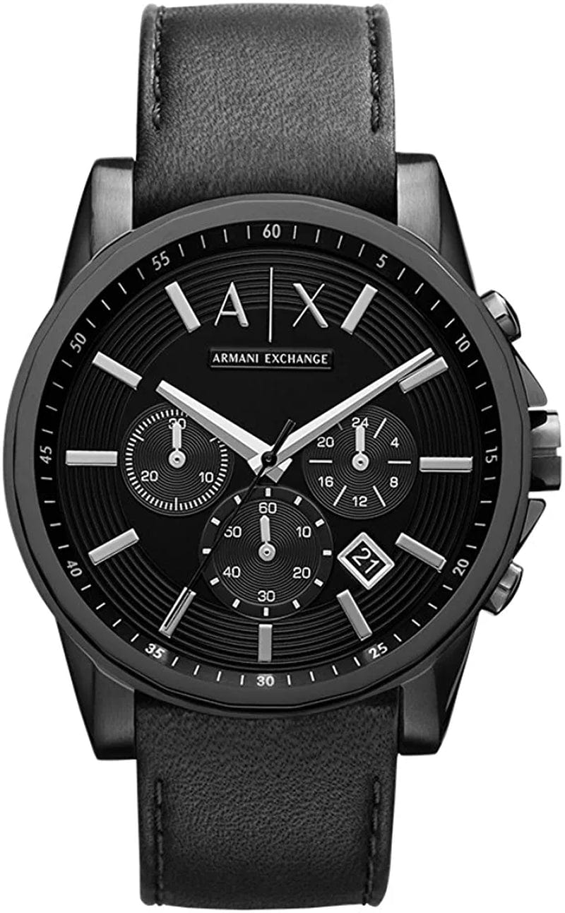 Armani Exchange Men'S Chronograph Dress Watch with Leather, Steel or Silicone Band Black/Black Leather