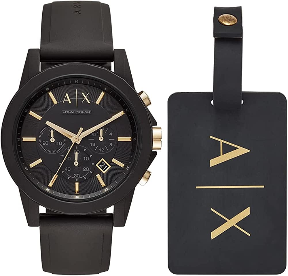 Armani Exchange Men'S Chronograph Dress Watch with Leather, Steel or Silicone Band Watch And Luggage Tag Gift Set