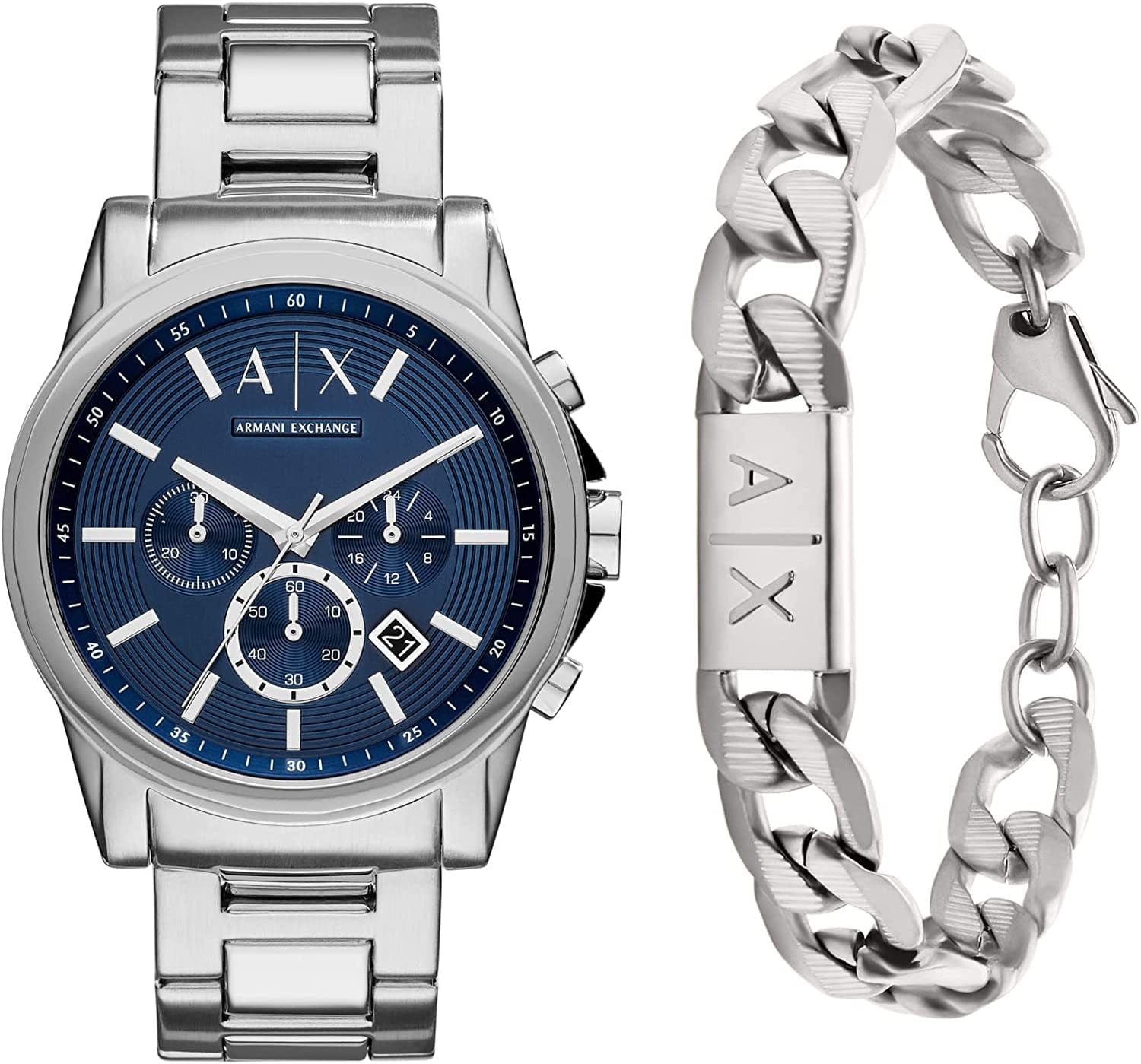 Armani Exchange Men'S Chronograph Dress Watch with Leather, Steel or Silicone Band Silver Watch + Bracelet Bundle