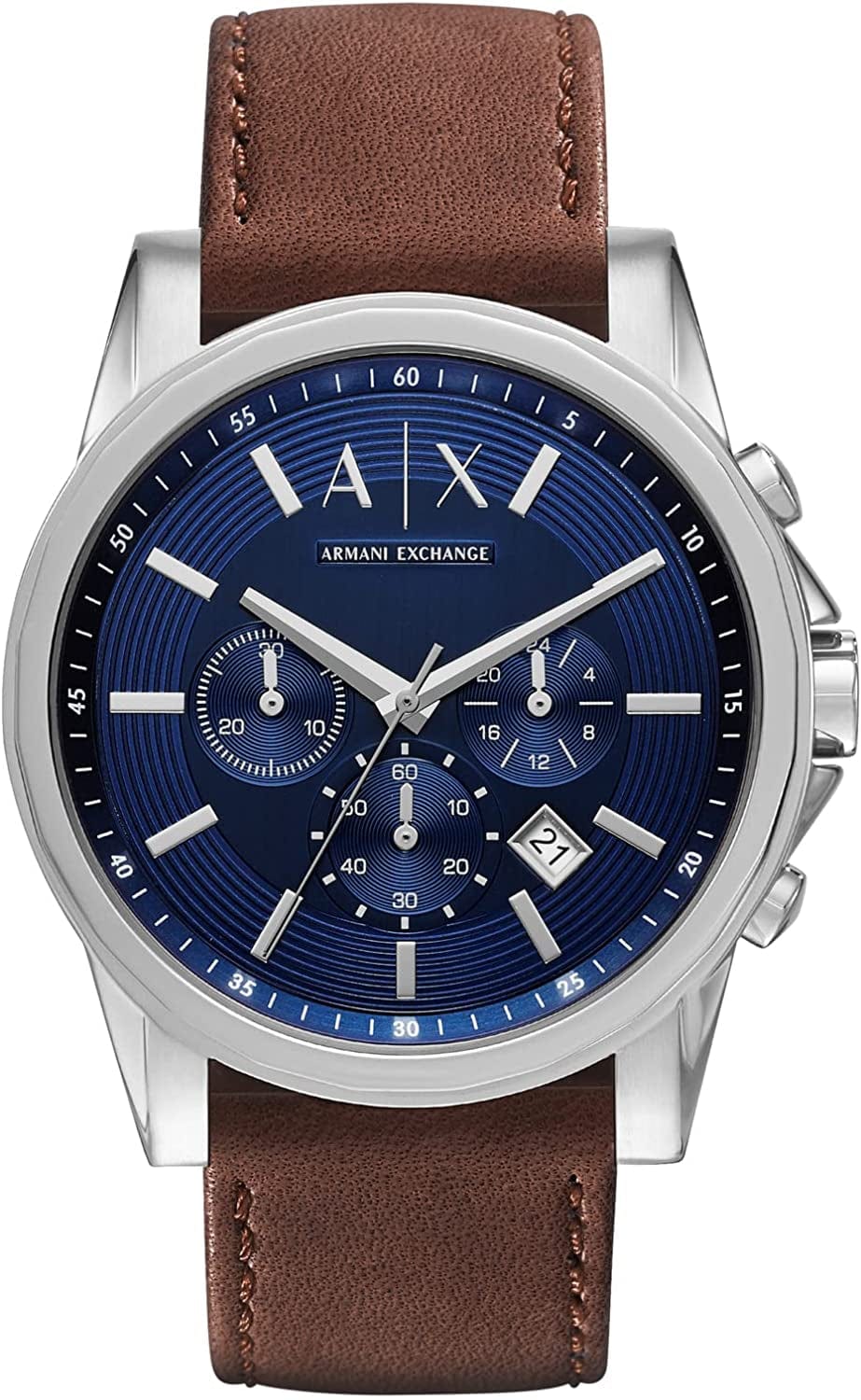 Armani Exchange Men'S Chronograph Dress Watch with Leather, Steel or Silicone Band Blue/Brown Leather