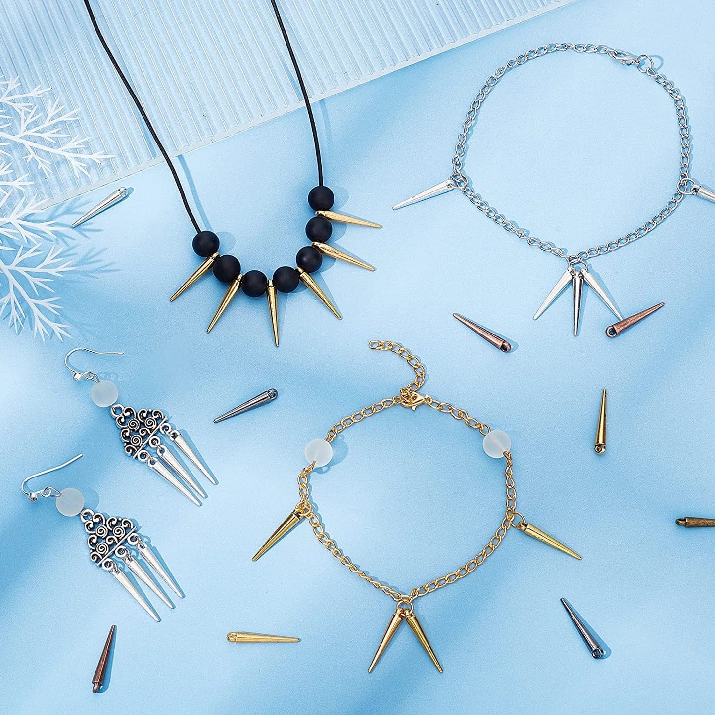 Arricraft 128 Pcs 8 Colors Spike Beads Pendants, Tibetan Style Alloy Spike Charms Antique Long Stick Bullet Pendants Jewelry Making Supplies for DIY Necklace Bracelet Earrings