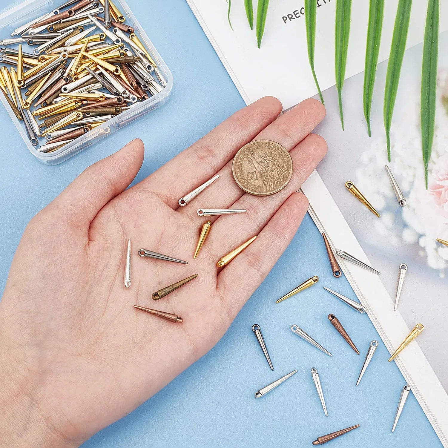 Arricraft 128 Pcs 8 Colors Spike Beads Pendants, Tibetan Style Alloy Spike Charms Antique Long Stick Bullet Pendants Jewelry Making Supplies for DIY Necklace Bracelet Earrings