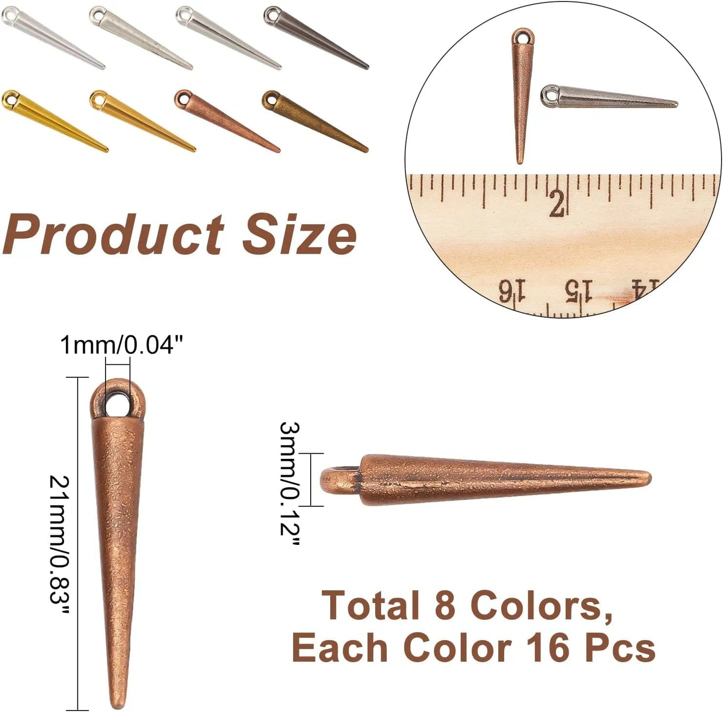 Arricraft 128 Pcs 8 Colors Spike Beads Pendants, Tibetan Style Alloy Spike Charms Antique Long Stick Bullet Pendants Jewelry Making Supplies for DIY Necklace Bracelet Earrings