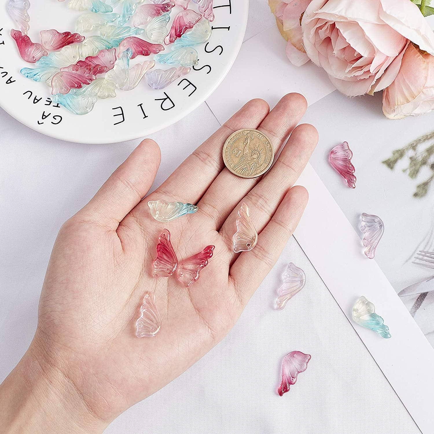 Arricraft 90 Pcs Transparent Glass Butterfly Wings Charms Pendants for Necklace Bracelets Jewelry Making (Mixed Color)