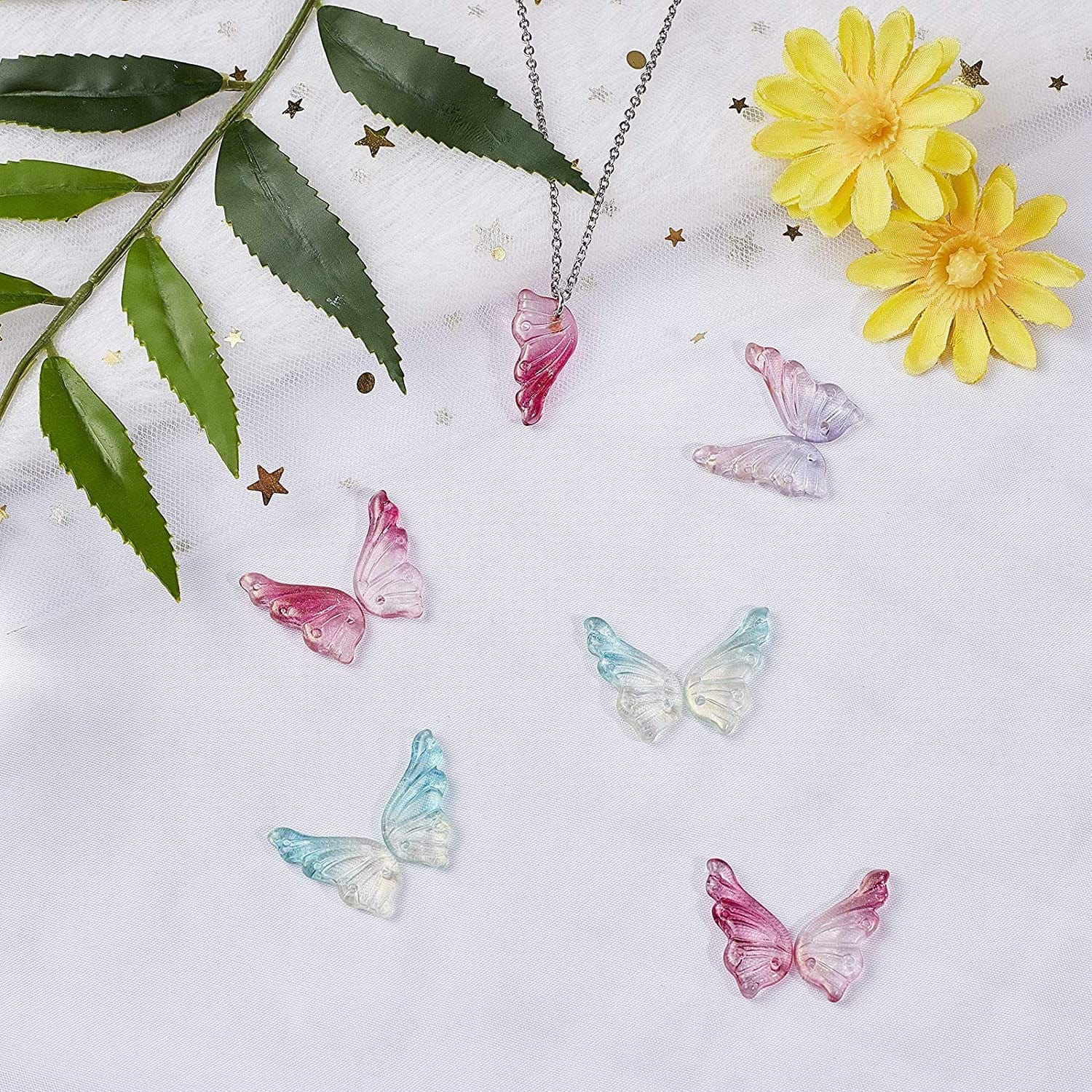 Arricraft 90 Pcs Transparent Glass Butterfly Wings Charms Pendants for Necklace Bracelets Jewelry Making (Mixed Color)