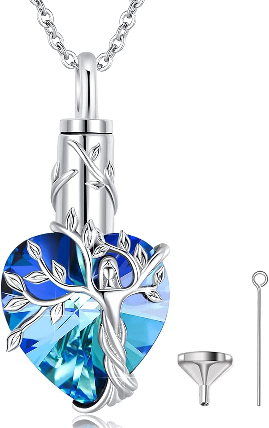 Ashes Necklace 925 Sterling Silver Cremation Jewelry Memorial Necklace Urn for Human Ashe of Loved Ones Keepsake Lockets for Ashes Holder Pet Dog Heart Urn Jewelry B-Heart-Blue Crystal