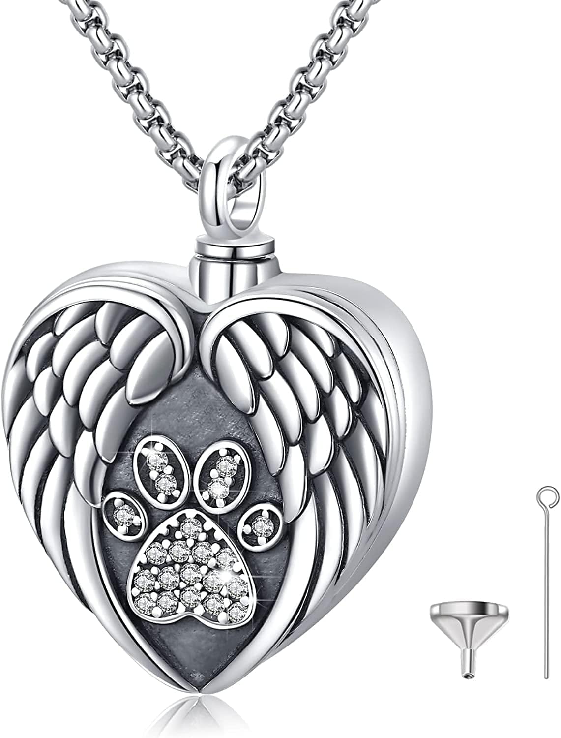 Ashes Necklace 925 Sterling Silver Cremation Jewelry Memorial Necklace Urn for Human Ashe of Loved Ones Keepsake Lockets for Ashes Holder Pet Dog Heart Urn Jewelry N-Angel wings-Heart-Paw