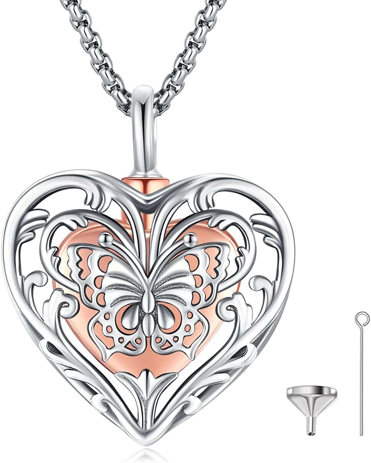Ashes Necklace 925 Sterling Silver Cremation Jewelry Memorial Necklace Urn for Human Ashe of Loved Ones Keepsake Lockets for Ashes Holder Pet Dog Heart Urn Jewelry I-Butterfly-Heart-Rose gold