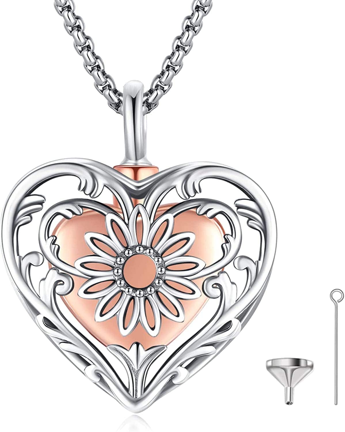Ashes Necklace 925 Sterling Silver Cremation Jewelry Memorial Necklace Urn for Human Ashe of Loved Ones Keepsake Lockets for Ashes Holder Pet Dog Heart Urn Jewelry H-Sunflower-Heart-Rose gold