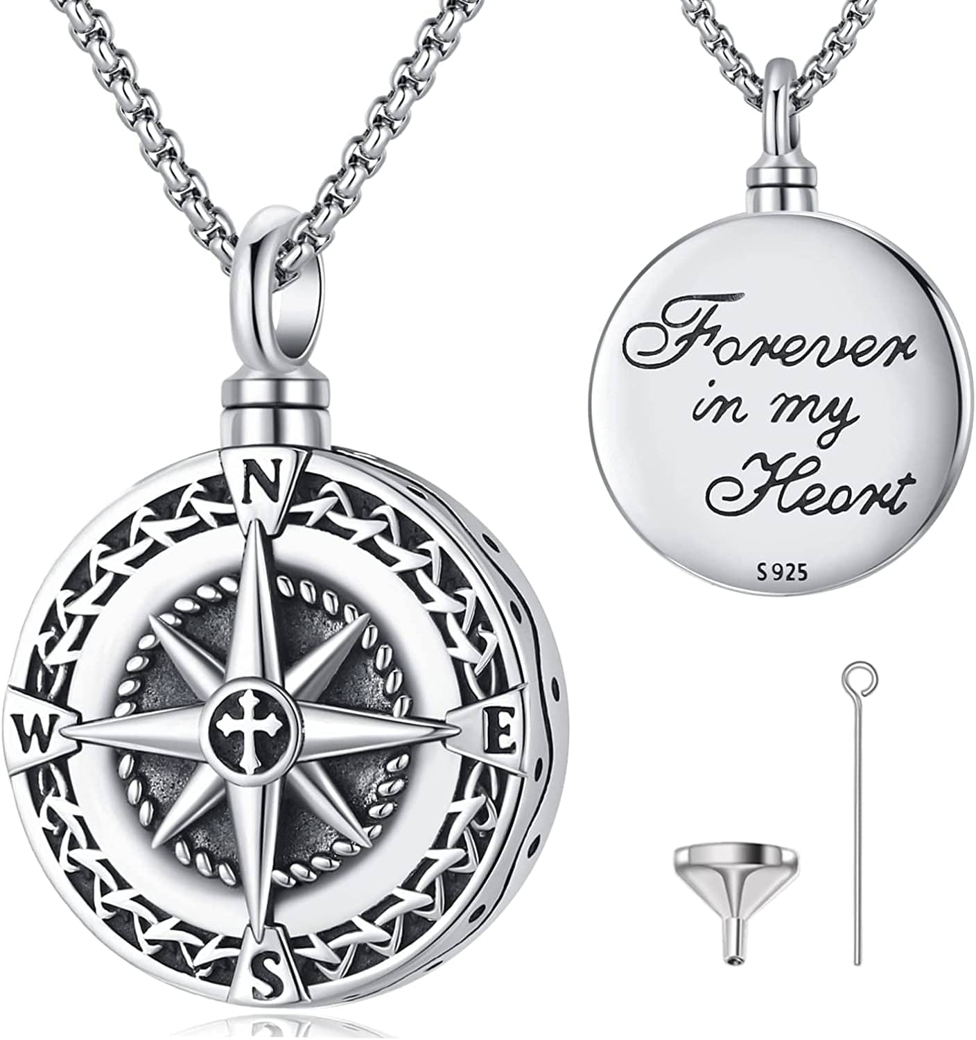 Ashes Necklace 925 Sterling Silver Cremation Jewelry Memorial Necklace Urn for Human Ashe of Loved Ones Keepsake Lockets for Ashes Holder Pet Dog Heart Urn Jewelry T-Compass