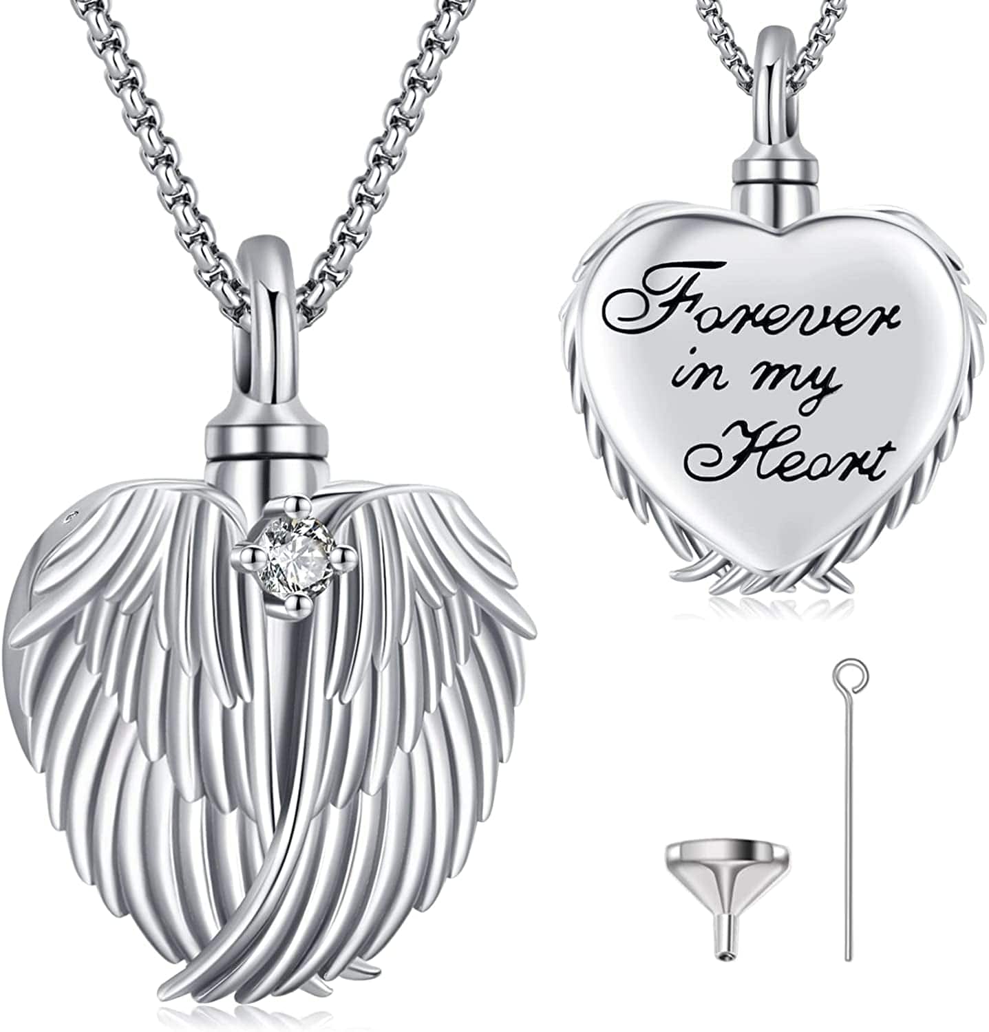 Ashes Necklace 925 Sterling Silver Cremation Jewelry Memorial Necklace Urn for Human Ashe of Loved Ones Keepsake Lockets for Ashes Holder Pet Dog Heart Urn Jewelry L-Angel wings-Heart