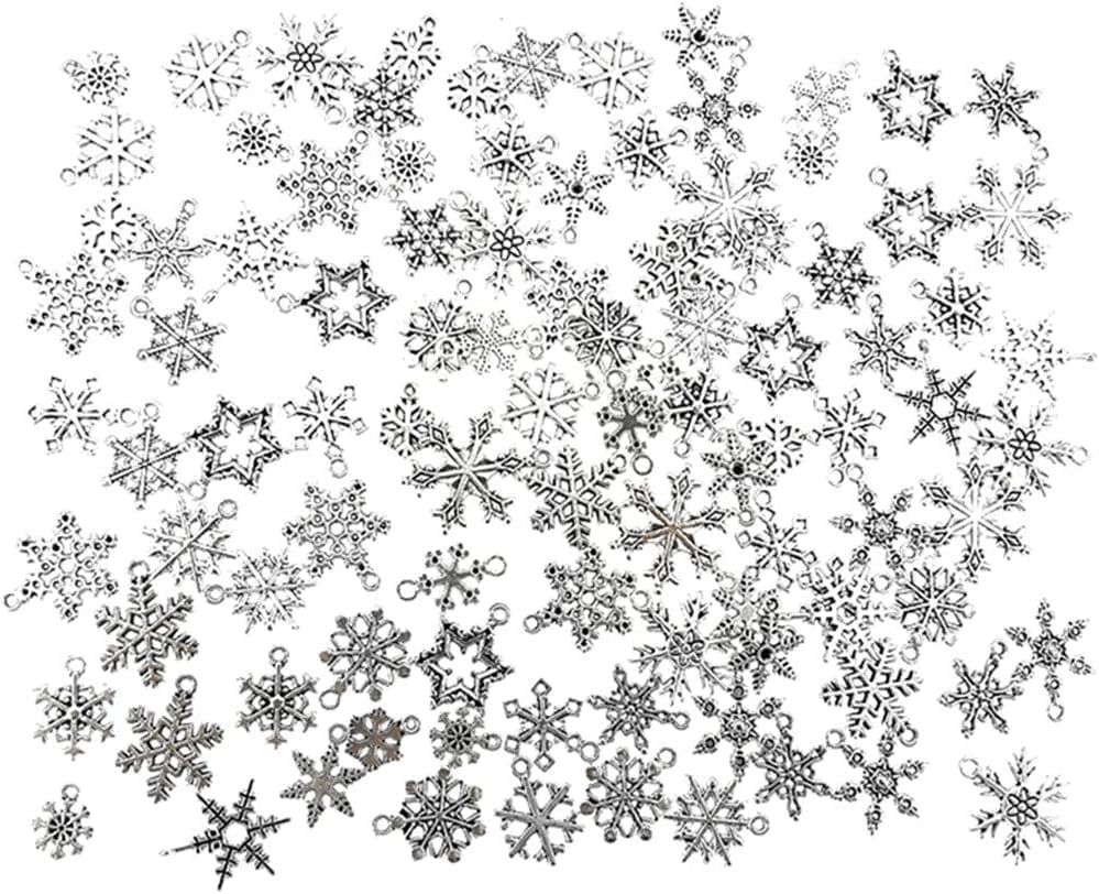 Assorted Christmas Snowflake Charms Xmas Pendant for Holiday DIY Jewelry Making Findings(100 Grams,About 90Pcs,Silver Tone)