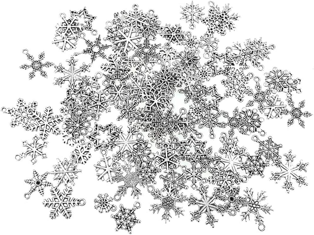 Assorted Christmas Snowflake Charms Xmas Pendant for Holiday DIY Jewelry Making Findings(100 Grams,About 90Pcs,Silver Tone)