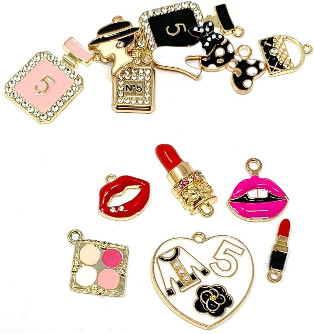 Assorted Gold Plated Enamel Lipstick Perfume Fashion Style Charm Pendant DIY for Necklace Bracelet Jewelry Making and Crafting, 13PCS