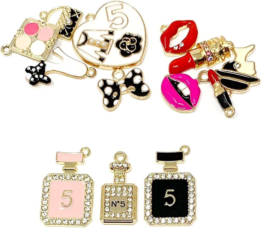 Assorted Gold Plated Enamel Lipstick Perfume Fashion Style Charm Pendant DIY for Necklace Bracelet Jewelry Making and Crafting, 13PCS