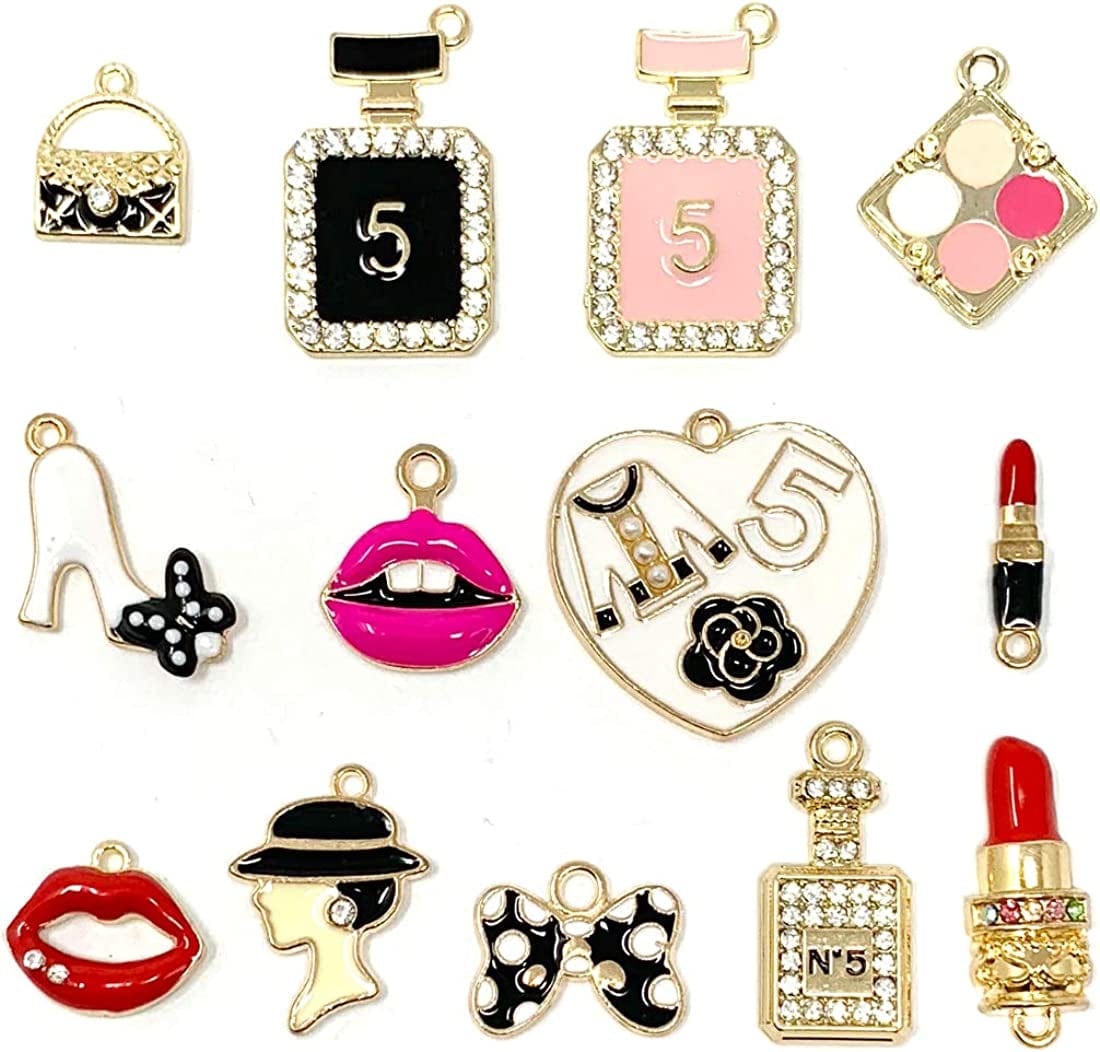 Assorted Gold Plated Enamel Lipstick Perfume Fashion Style Charm Pendant DIY for Necklace Bracelet Jewelry Making and Crafting, 13PCS