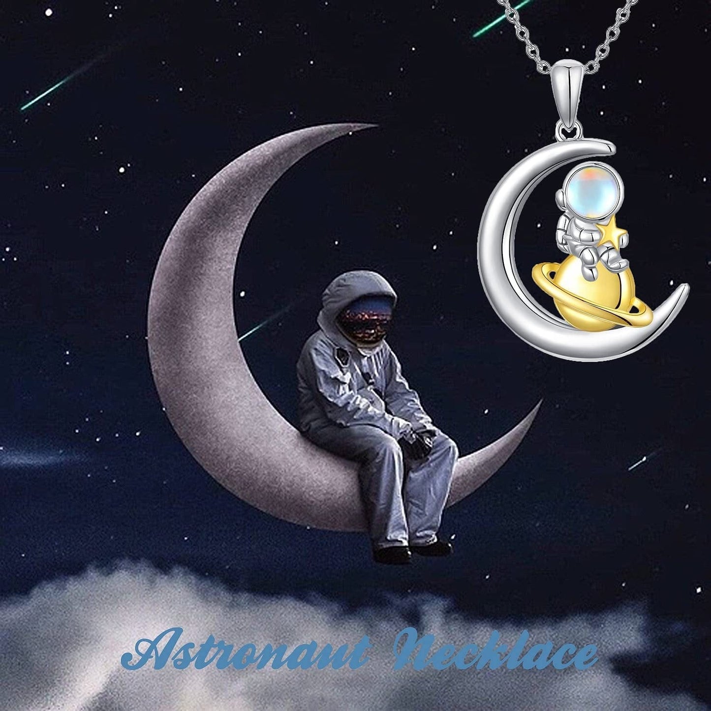Astronaut Moon Necklace with Simulated Moonstone 925 Sterling Silver Milky Way Space Pendant Necklaces Jewelry Gifts for Women Astronaut Teen Girls