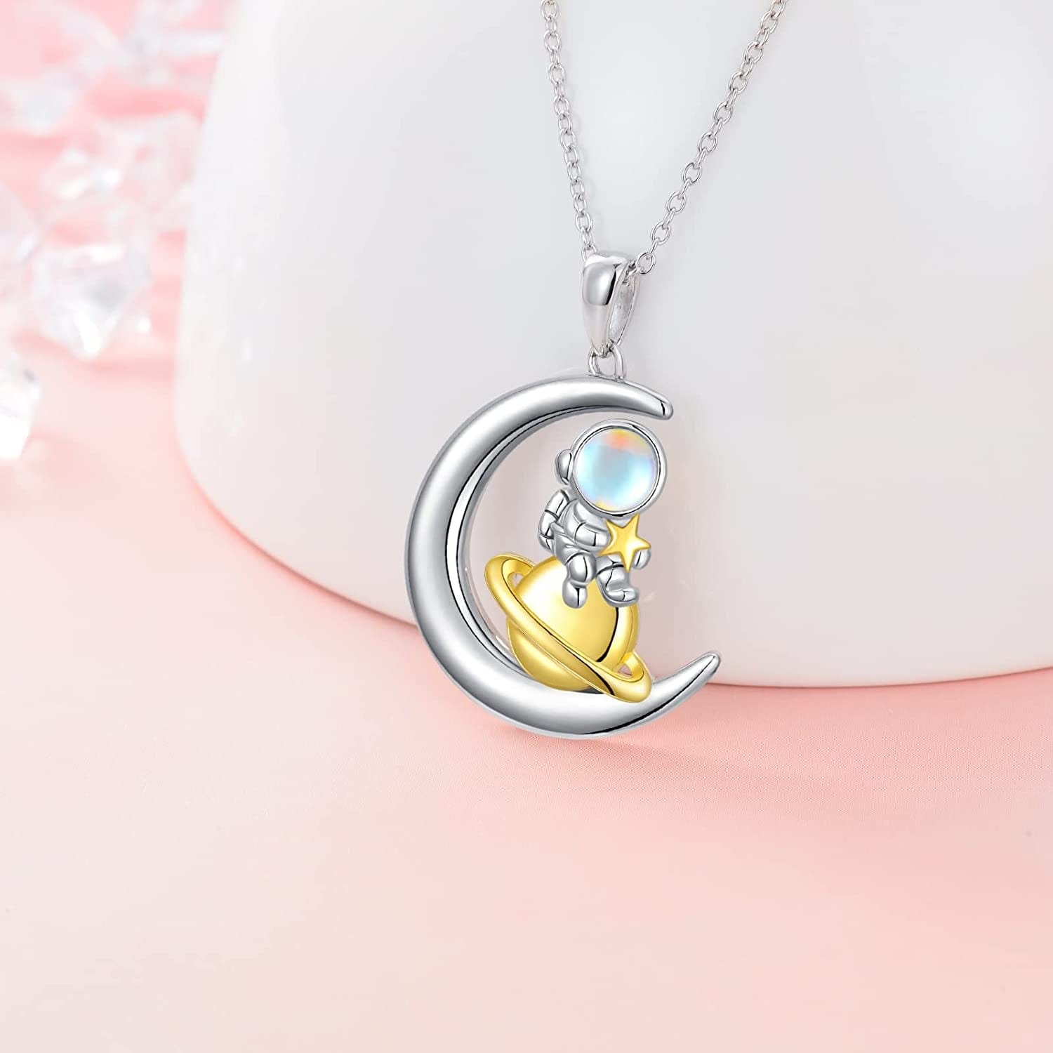Astronaut Moon Necklace with Simulated Moonstone 925 Sterling Silver Milky Way Space Pendant Necklaces Jewelry Gifts for Women Astronaut Teen Girls