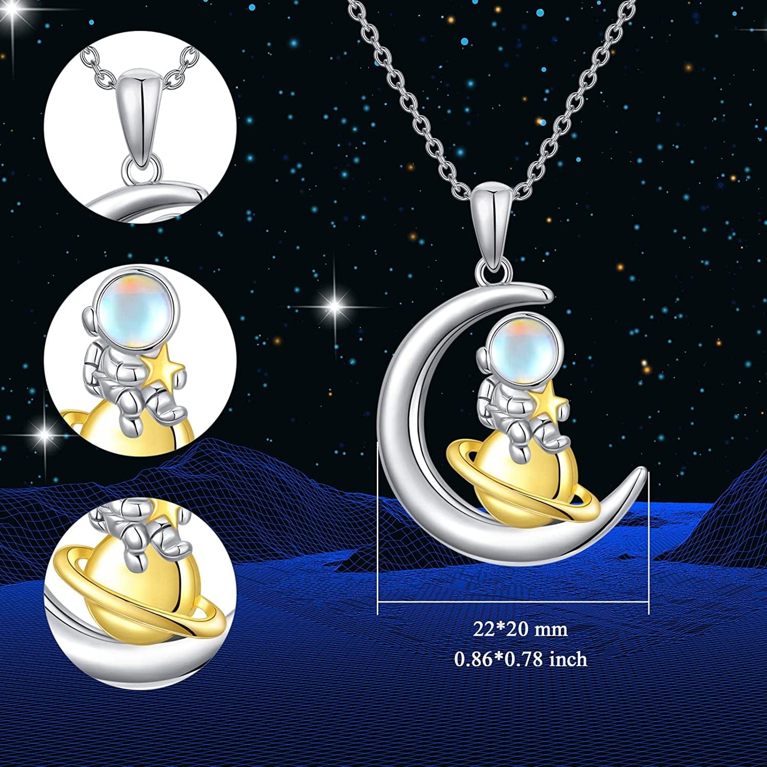 Astronaut Moon Necklace with Simulated Moonstone 925 Sterling Silver Milky Way Space Pendant Necklaces Jewelry Gifts for Women Astronaut Teen Girls