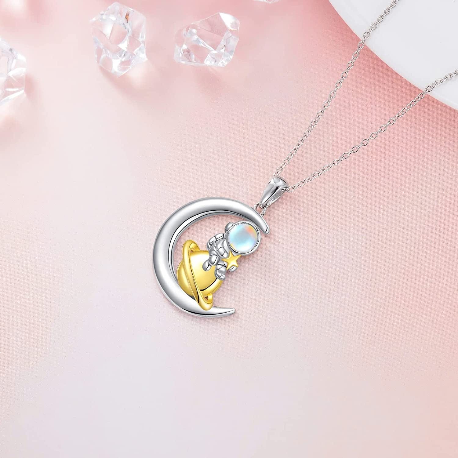 Astronaut Moon Necklace with Simulated Moonstone 925 Sterling Silver Milky Way Space Pendant Necklaces Jewelry Gifts for Women Astronaut Teen Girls