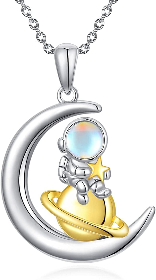 Astronaut Moon Necklace with Simulated Moonstone 925 Sterling Silver Milky Way Space Pendant Necklaces Jewelry Gifts for Women Astronaut Teen Girls