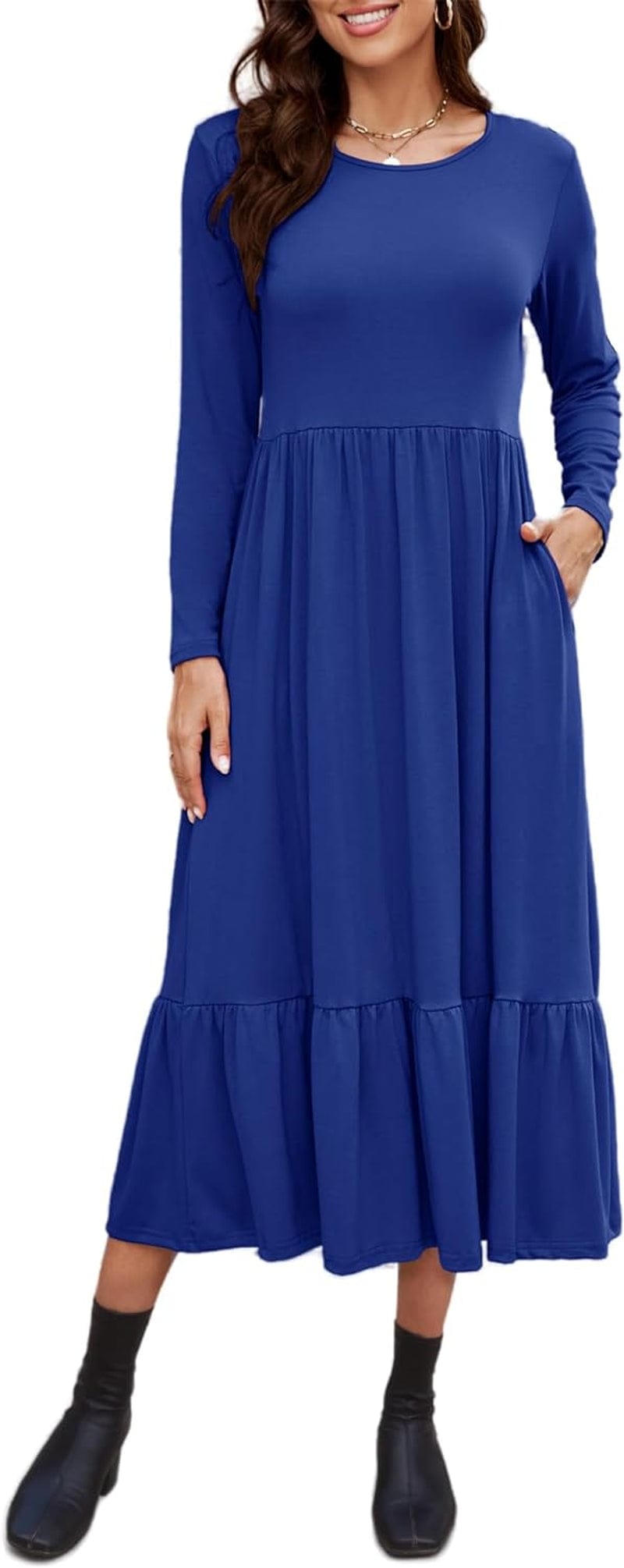 Auhoot Long Sleeve Fall Dresses for Women 2023 round Neck Tshirt Dress Casual Flowy Ruffle Tiered Maxi Dress with Pockets Royal Blue / Xx-Large