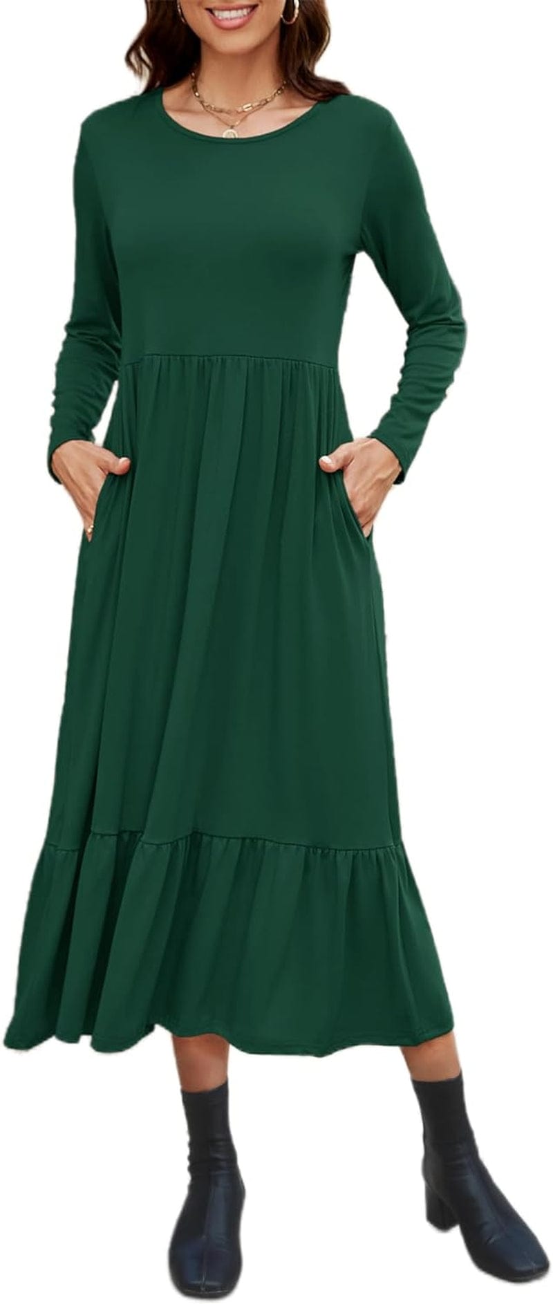 Auhoot Long Sleeve Fall Dresses for Women 2023 round Neck Tshirt Dress Casual Flowy Ruffle Tiered Maxi Dress with Pockets Dark Green / Xx-Large