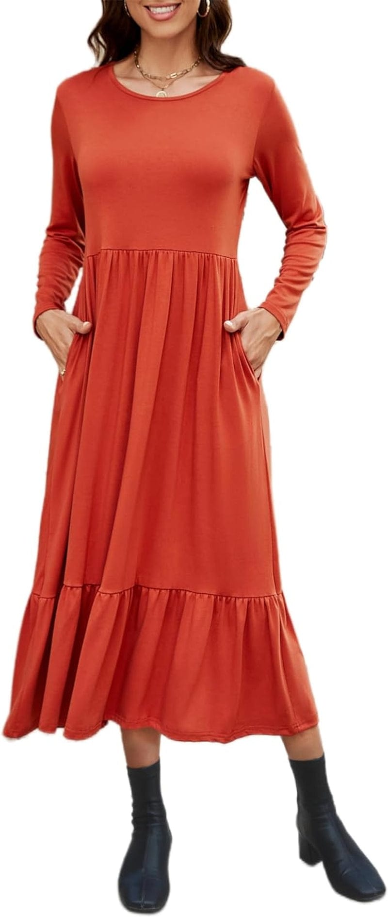 Auhoot Long Sleeve Fall Dresses for Women 2023 round Neck Tshirt Dress Casual Flowy Ruffle Tiered Maxi Dress with Pockets Brick Red / Small