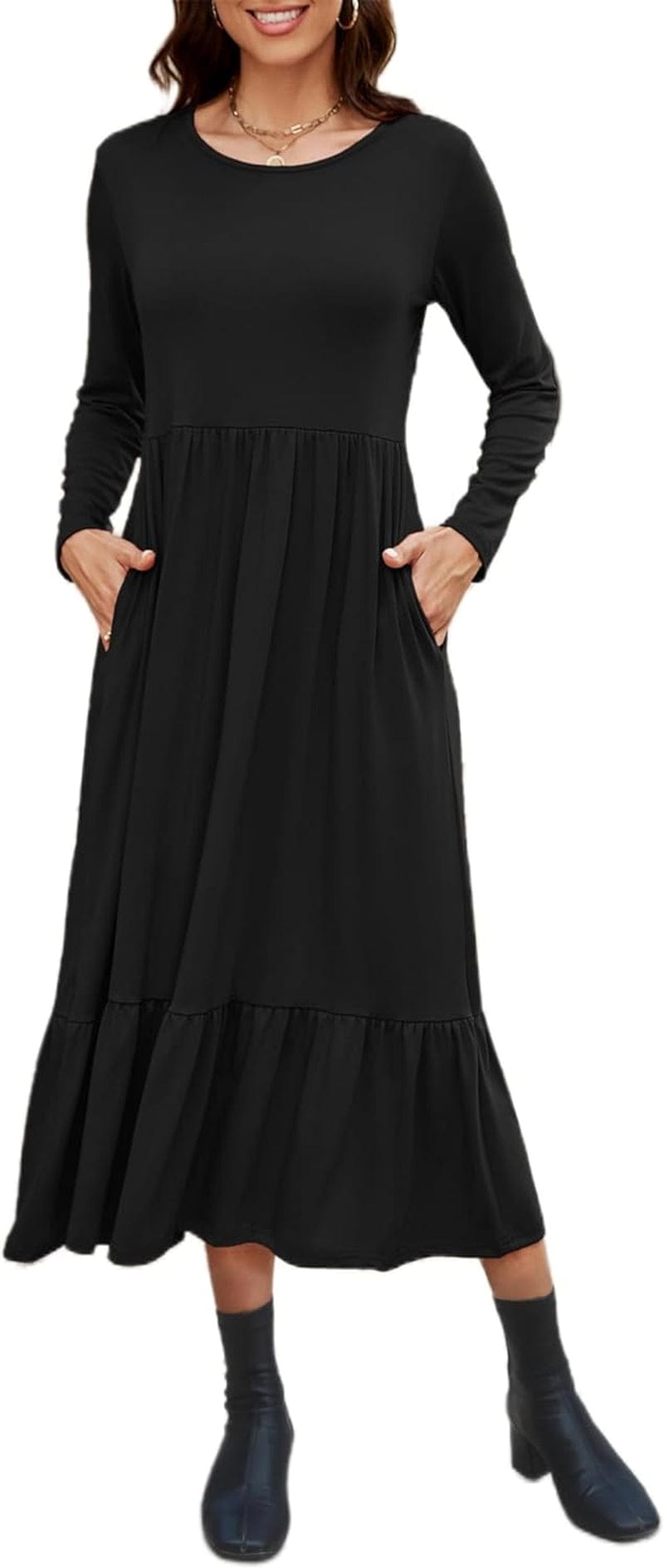 Auhoot Long Sleeve Fall Dresses for Women 2023 round Neck Tshirt Dress Casual Flowy Ruffle Tiered Maxi Dress with Pockets Black / Xx-Large